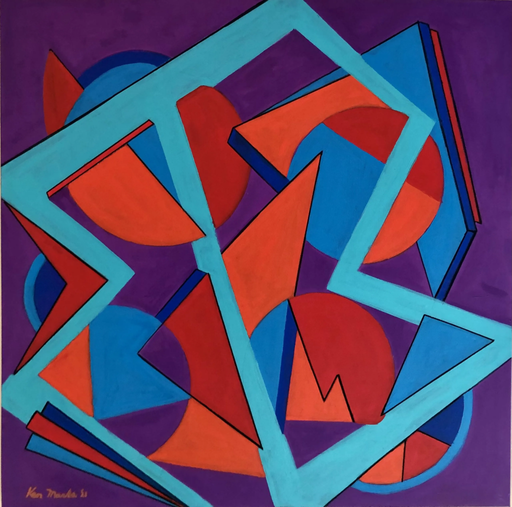 An abstract geometric painting titled "Unrestrained Joy" featuring an intricate composition of sharp triangles, curves, and overlapping shapes set against a solid violet-purple background. A network of thick, bright cyan zigzagging bands weaves across the canvas, creating a dynamic, frame-like grid that overlays and segments the artwork. The geometric shapes clustered within and beneath the cyan framework are painted in contrasting tones of deep red, bright orange, and royal blue. The artist's signature, "Ken Marks '21," is inscribed in a lighter shade in the bottom left corner.