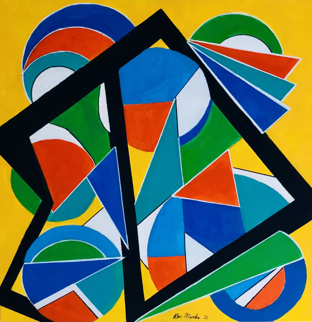 An abstract geometric painting titled "Four Seasons" featuring a dense, vibrant composition of sharp triangles, layered circles, and overlapping angular shapes set against a solid bright yellow background. Thick, bold black bands cut across the canvas in sharp angles, forming a jagged, intersecting framework that frames and segments the central artwork. The geometric elements layered within this structure are painted in a rich palette representing seasonal tones, including forest green, bright orange, deep royal blue, and teal. Several shapes are accented with crisp white lines and slivers of white highlights that contrast against the bold colors. The artist's signature, "Ken Marks '21," is written in black script in the bottom center.