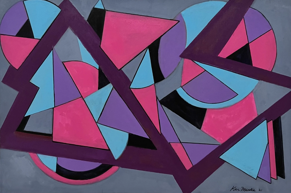 An abstract geometric painting titled "Sophisticated Lady" featuring an intricate composition of sharp triangles, curves, and interlocking shapes over a solid grey background. Thick, dark purple bands weave across the canvas, creating jagged, frame-like structures that overlay and segment the composition. The geometric shapes inside are filled with a vibrant color palette of hot pink, sky blue, muted purple, and solid black. The artist's signature, "Ken Marks '21," is visible in the bottom right corner.