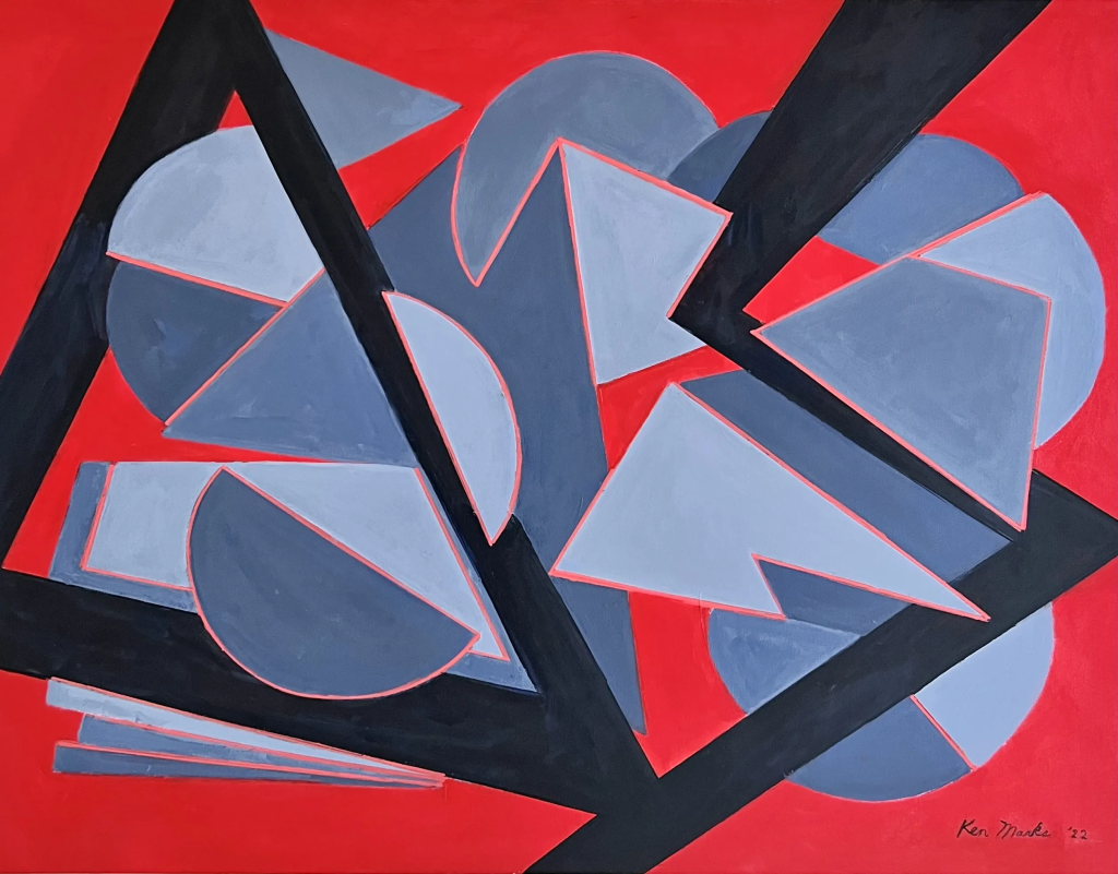 An abstract geometric painting titled "Four Shades of Gray" featuring a dense composition of sharp triangles, semicircles, and overlapping angular fragments set against a solid, vibrant red background. Thick, bold black bands slash across the canvas in sharp angles, creating a jagged, fractured framework that overlays and segments the underlying shapes. The geometric elements clustered within this structure are painted in various cool tones of grey, ranging from light slate to deep charcoal. Many of these grey shapes are outlined with thin, crisp pink edges, making them pop against both the red backdrop and the black lines. The artist's signature, "Ken Marks '22," is written in black script in the bottom right corner.