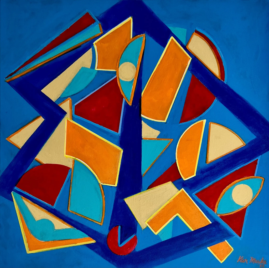 An abstract geometric painting titled "Summer Solstice" featuring a dense, centralized cluster of sharp triangles, semicircles, and interlocking angular fragments set against a solid medium blue background. Thick, dark royal blue bands form a large, diamond-like zigzagging framework that frames and segments the central composition, including a prominent vertical pillar running down the middle. The geometric shapes packed within this structure feature a warm, sun-soaked color palette dominated by vibrant orange, deep red, and sandy gold, balanced by contrasting accents of turquoise and light blue. The artist's signature, "Ken Marks '23," is written in orange script in the bottom right corner.