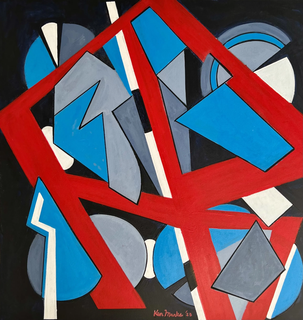 An abstract geometric painting titled "New Year Optimism" featuring a dense composition of sharp triangles, semicircles, and intersecting angular shapes set against a solid black background. Thick, bold red bands weave dramatically across the canvas, forming a sharp, complex framework that segments and overlays the composition. The geometric shapes clustered within this structural grid are painted in a cool, stark palette of vibrant sky blue, various shades of grey, and crisp white highlights. The artist's signature, "Ken Marks '23," is written in red script in the bottom center.
