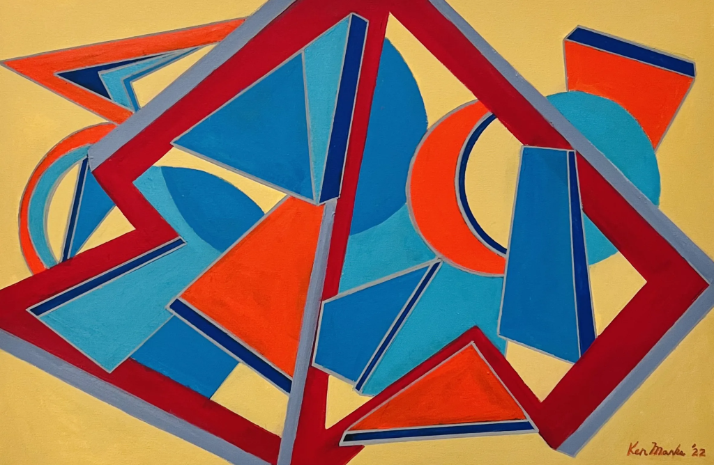 An abstract geometric painting titled "Spring is Busting Out" featuring a dynamic composition of sharp triangles, semicircles, and overlapping angular fragments set against a bright, solid yellow background. A grid of thick, bold dark red bands forms a large, diamond-like zigzagging framework across the canvas, weaving through and dividing the various shapes. The geometric elements layered within and behind this structure are rendered in contrasting tones of vivid orange, sky blue, and deep royal blue, with several shapes outlined in thin, crisp grey-blue edges. The artist's signature, "Ken Marks '22," is written in orange-red script in the bottom right corner.