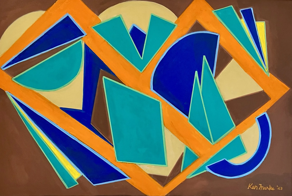 An abstract geometric painting titled "Down to Earth" featuring a complex arrangement of sharp triangles, semicircles, and overlapping angular fragments set against a warm, solid brown background. A network of thick, vibrant orange zigzagging bands weaves across the canvas, creating a dynamic, frame-like structure that overlays and segments the composition. The geometric shapes clustered within this framework are rendered in cool tones of deep royal blue, teal, and aqua green, contrasted by large underlying sections of sandy beige. A few shapes feature thin, bright outlines in lime green and light blue. The artist's signature, "Ken Marks '23," is written in beige script in the bottom right corner.