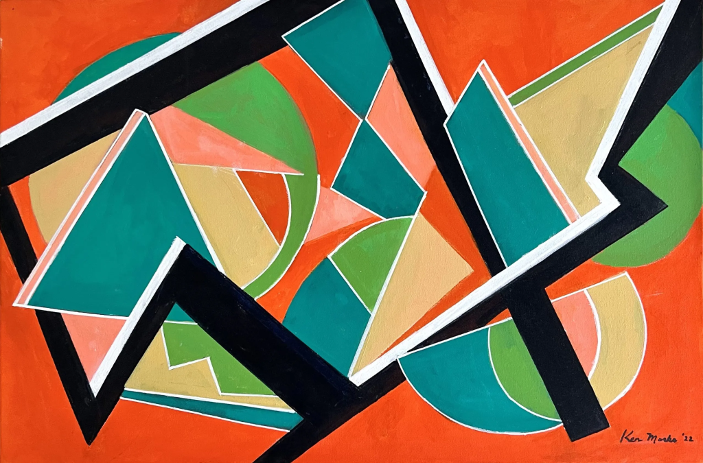 An abstract geometric painting titled "Summer Heat" featuring an intricate composition of sharp triangles, semicircles, and overlapping angular fragments over a vibrant, solid orange background. Thick, bold black zigzagging bands outlined with crisp white lines slice diagonally across the canvas, forming a strong, fractured framework that overlays and divides the composition. The geometric shapes clustered within this framework are rendered in contrasting cool tones, including teal, forest green, muted olive, peach, and sandy beige. The artist's signature, "Ken Marks '22," is written in black script in the bottom right corner.