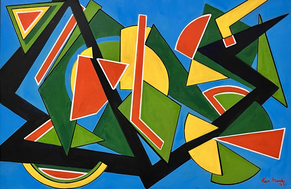 An abstract geometric painting titled "Child's Play" featuring a dynamic composition of sharp triangles, semicircles, and interlocking shapes over a solid bright blue background. Thick, bold black zigzagging bands slash across the canvas, creating a jagged, structural framework that cuts through and segments the piece. The geometric shapes clustered within this framework are filled with a playful color palette of grass green, bright yellow, and vibrant orange-red. Several shapes feature crisp white outlines that contrast sharply against the darker tones. The artist's signature, "Ken Marks '23," is written in orange-red script in the bottom right corner.