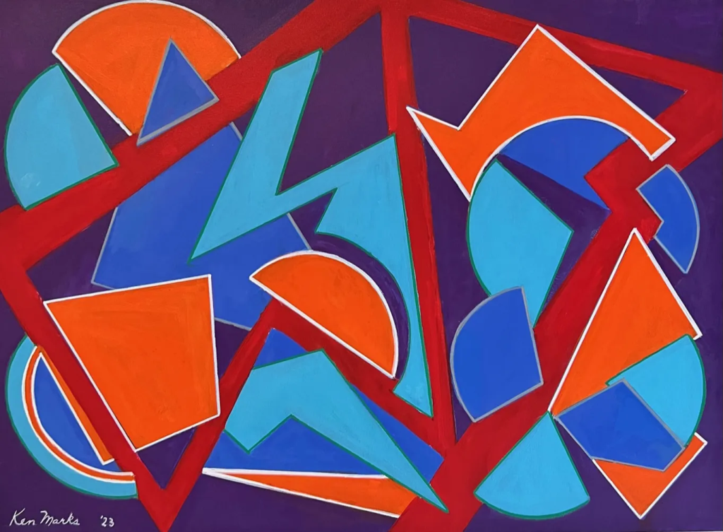 An abstract geometric painting featuring a complex arrangement of sharp triangles, semicircles, and angular segments set against a solid deep purple background. A grid of thick, bold red lines forms a jagged, interconnected framework across the canvas, weaving through and dividing the various shapes. The geometric elements are rendered in contrasting cool and warm tones, utilizing bright orange, sky blue, and deep royal blue. Several of the shapes are outlined with thin, crisp white edges, making them pop against the darker background. The artist's signature, "Ken Marks '23," is written in white script in the bottom left corner.