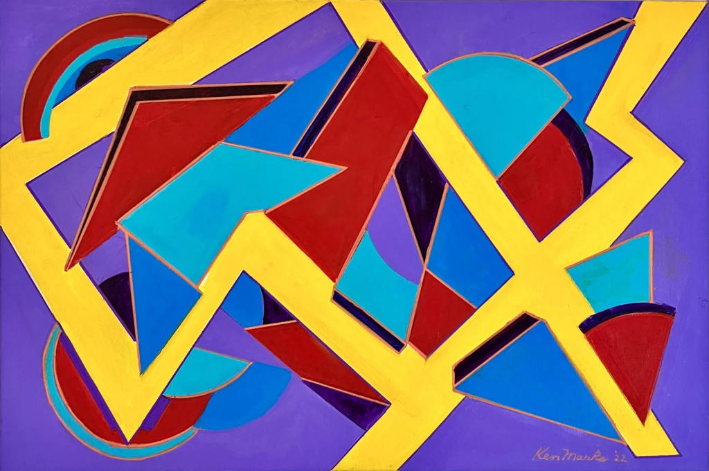 An abstract geometric painting featuring an intricate composition of sharp triangles, curves, and overlapping shapes set against a solid violet-purple background. A network of thick, bright yellow zigzagging bands weaves across the canvas, creating a dynamic, frame-like grid that overlays and segments the artwork. The geometric shapes clustered within and beneath the yellow framework are painted in contrasting tones of deep red, bright cyan, and royal blue. The artist's signature, "Ken Marks '22," is inscribed in a lighter shade in the bottom right corner.