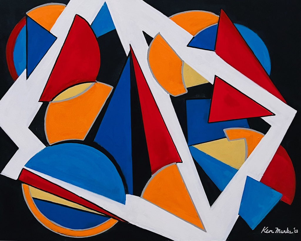 An abstract geometric painting featuring a complex arrangement of sharp triangles, semicircles, and overlapping shapes against a stark black background. Thick, bright white interlocking bands cut across the entire composition, creating a dynamic, jagged framework that overlays and divides the underlying shapes. The geometric elements are filled with a primary color palette dominated by bold shades of royal blue, vibrant red, and bright orange, along with small accents of pale yellow. The artist's signature, "Ken Marks '23," is written in white script in the bottom right corner.